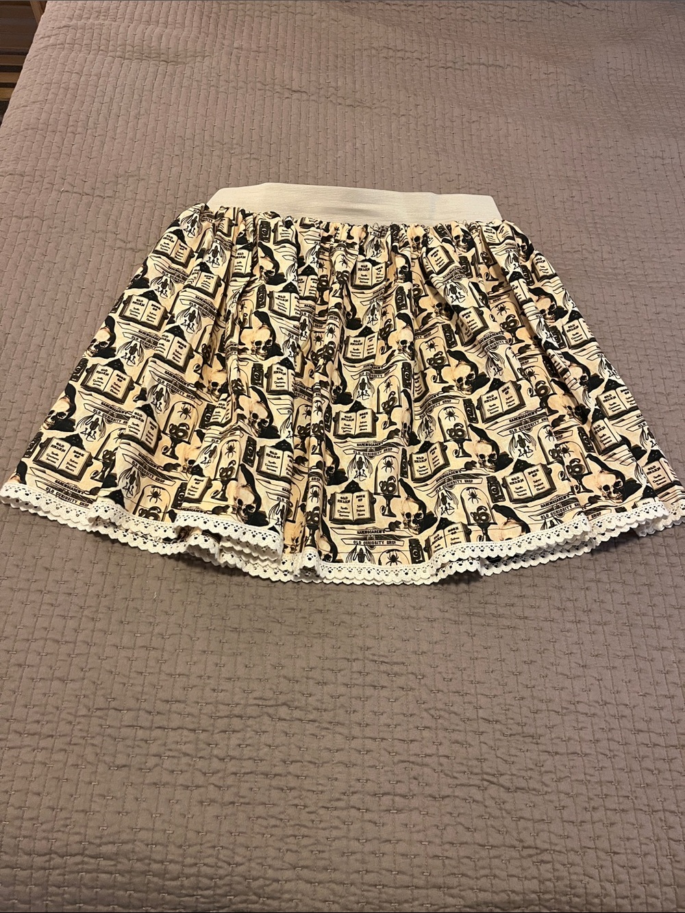 Cream and Black Printed Skater Skirt with Lace Hem